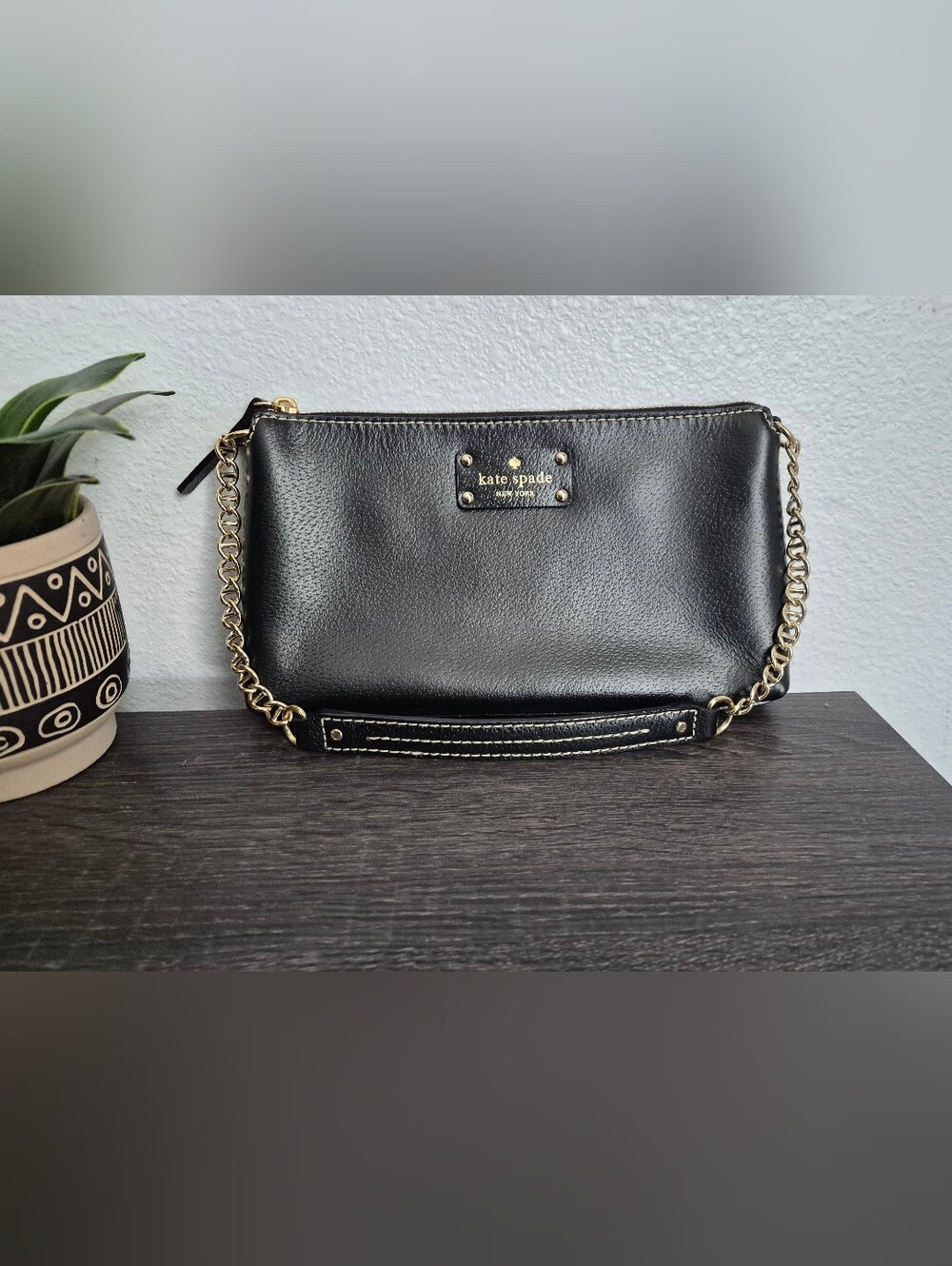 kate spade New York Wellesley Byrd Black Leather Wristlet with Gold Chain